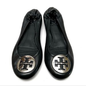 Tory Burch Classic Reva Black Leather Silver Logo Ballet Flats
